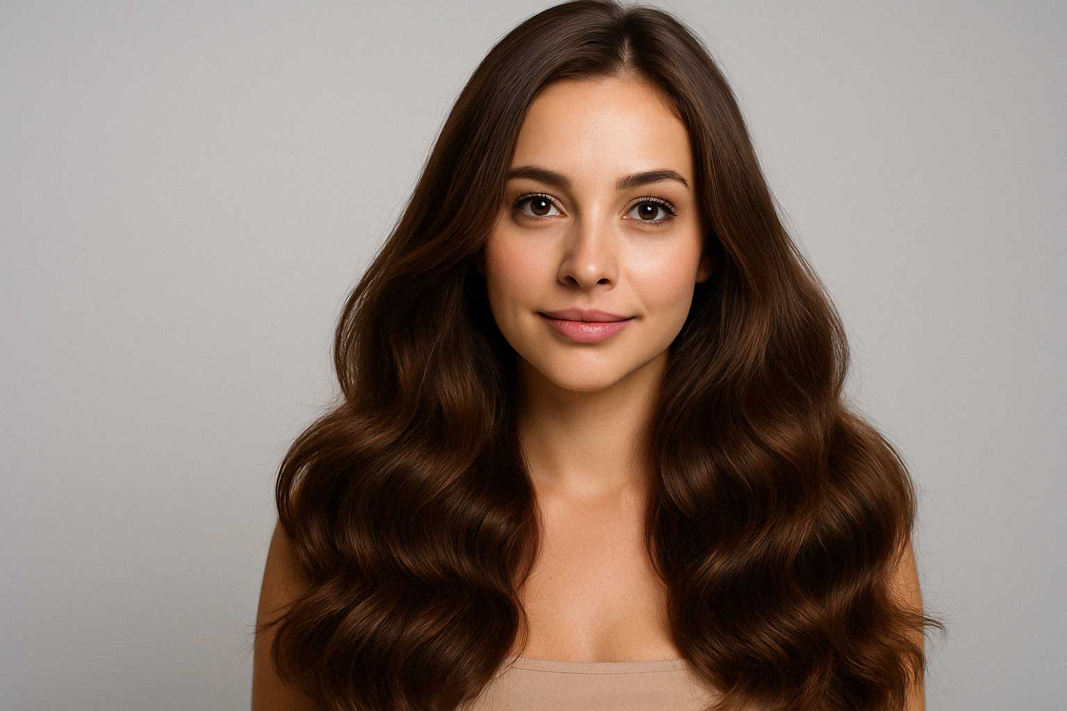 Woman with long, voluminous hair extensions styled for a special occasion.